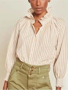 VERONICA BEARD Calisto Seersucker Shirt Beige & White Striped Medium